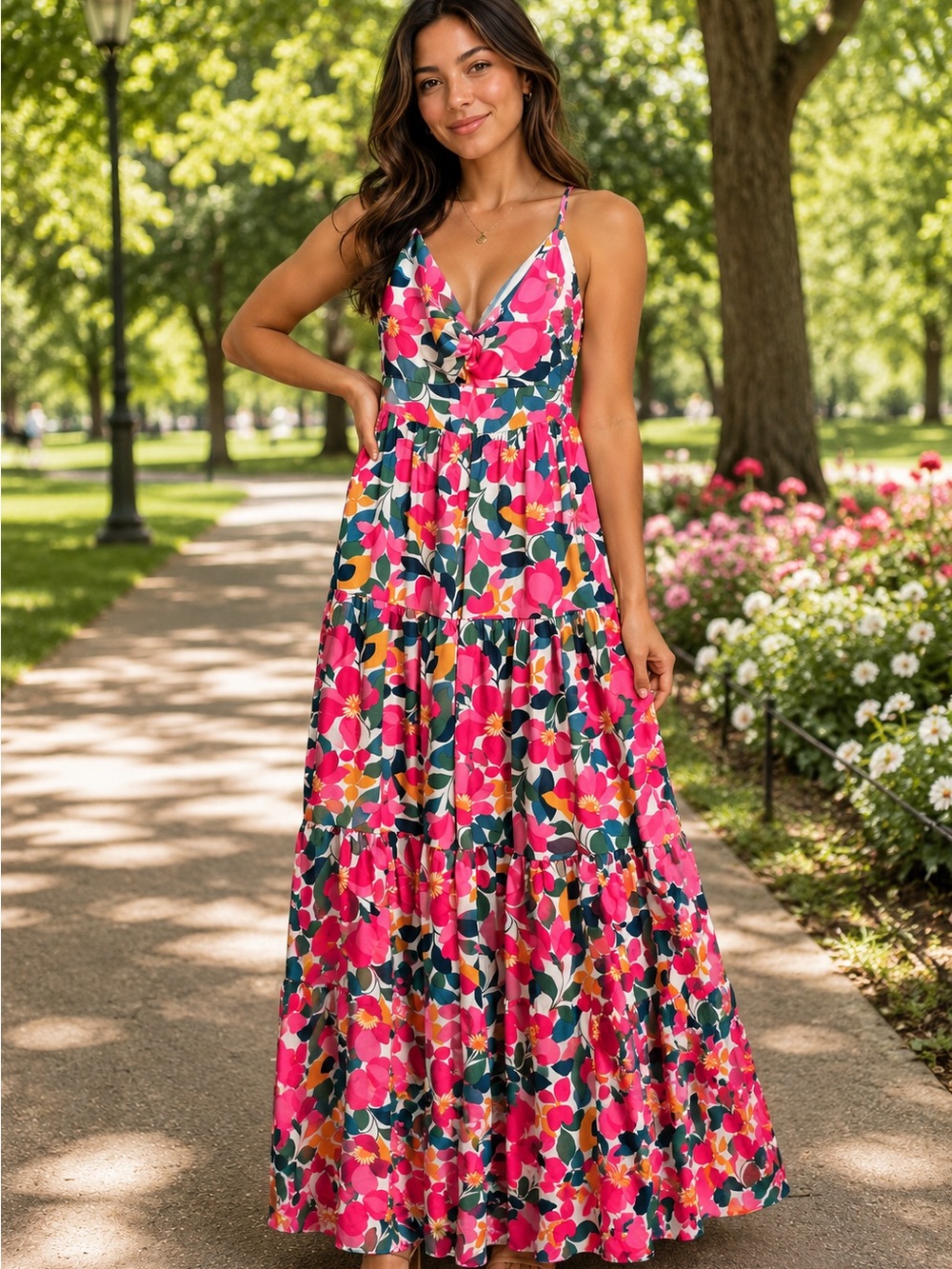 entro Pink Floral Spaghetti-Strap Tiered Maxi Dress